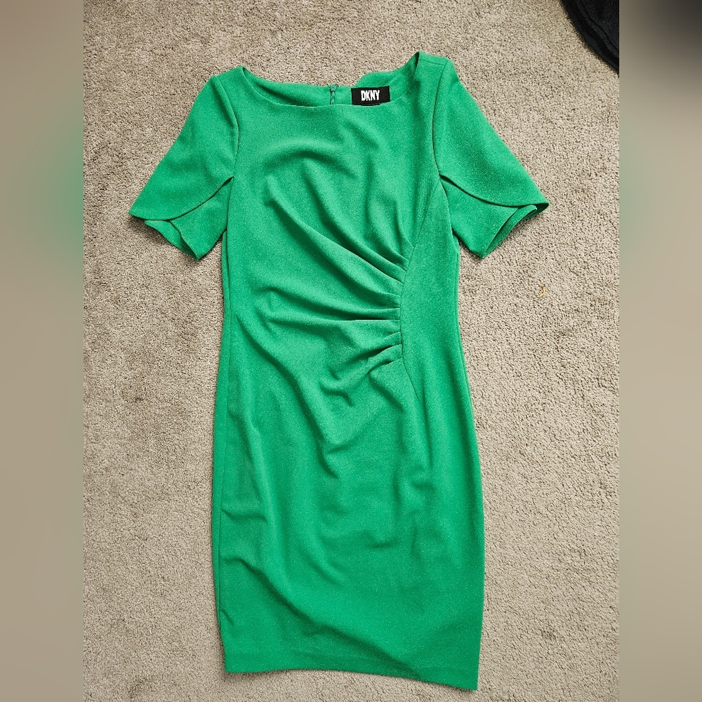 DKNY Green Ruched Sheath Midi Dress